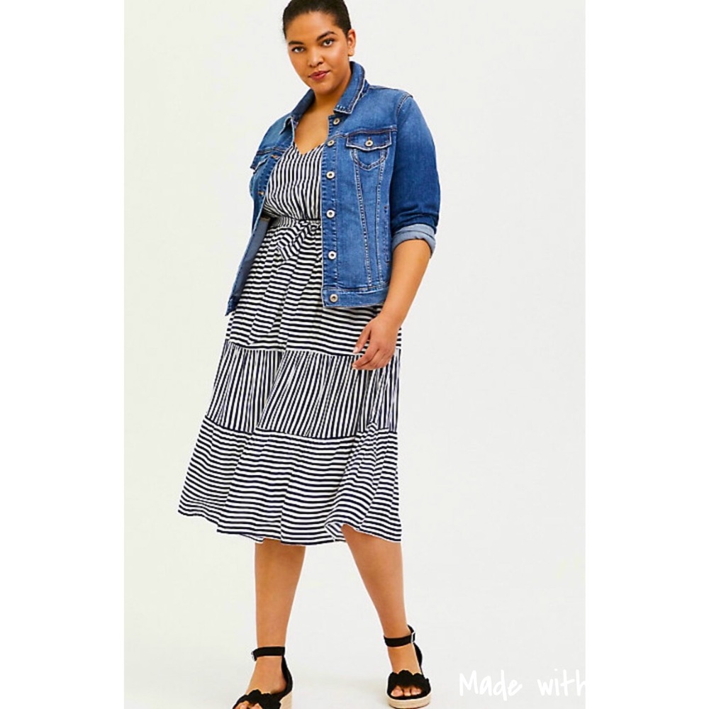 Navy & White Striped Challis Tiered Midi Dress